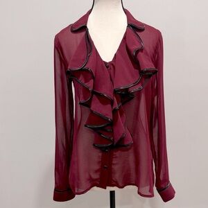 Regina Diaz Sheer Burgundy Ruffle Blouse with Satin Trim – Size S/5